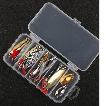 10PCS Fishing Metal Gold Silver Scoop Bait Kit Set Gold And Silver Bait Glitter Spinnery Box Tweeter Hook Gear For Fishing Gear