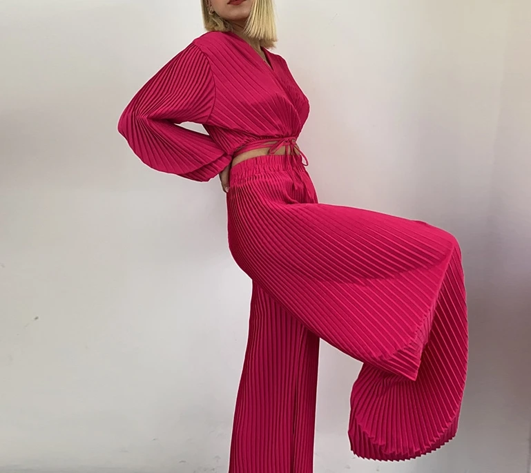 

Fashion 2PC for Woman 2023 New Casual Autumn Elegant Temperament V Neck Pleated Bubble Sleeve Short Top Wide Leg Pants Set