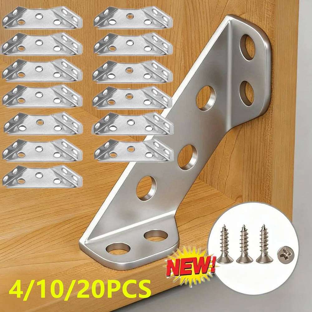Upgrade 4/10/20PCS ​​Stainless Steel Corner Brackets with Screws 90° Right Angle for Wood Furniture Shelves Cabinets Corner Conn