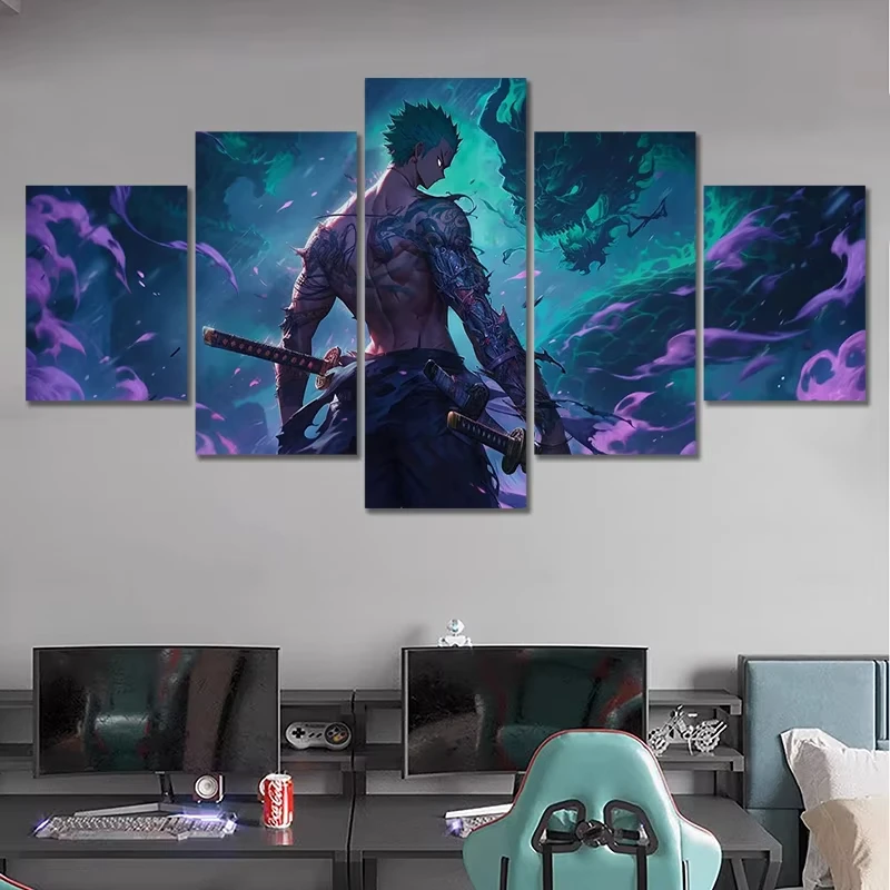 5Pieces Zoro Painting HD Printed Anime ONE PIECE Canvas Poster Wall Art E-sports Room Anime Mural Home Decor Bedroom Decor