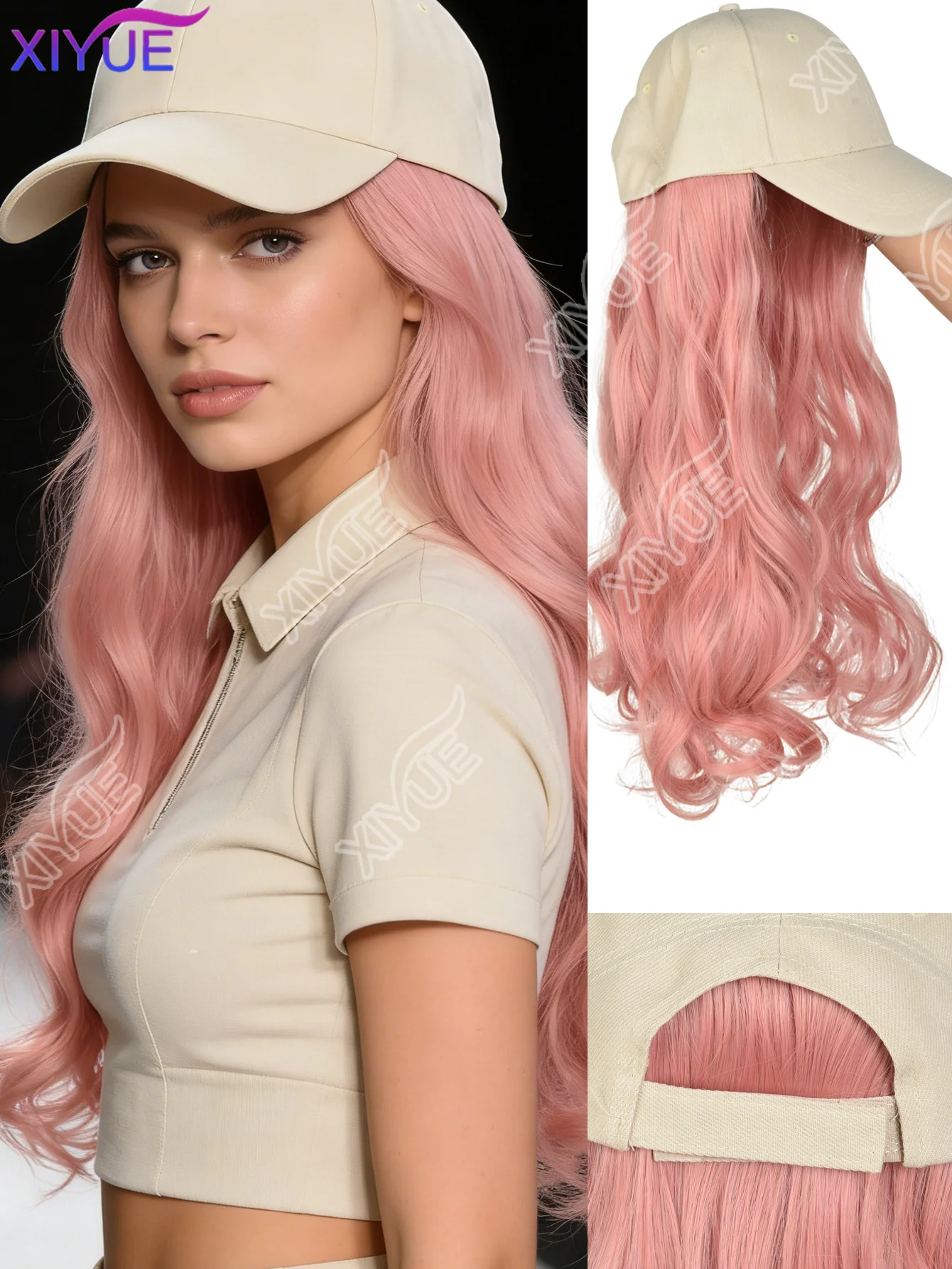 XIYUE Hat wig one-piece women's beige duckbill hat pink curly wave roll European and American fashion 20 inch wig hat