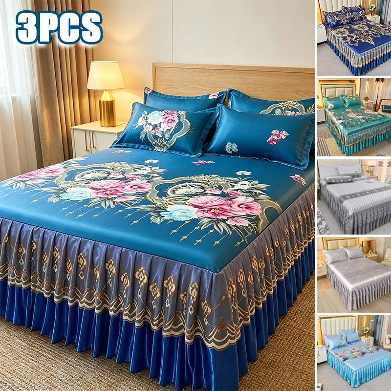ice-silk-cooling-bed-skirt-bedding-set-with-pillowcases-multi-layer-lace-ruffle-floral-print-summer-bed-sheet-for-bedroom-hotel
