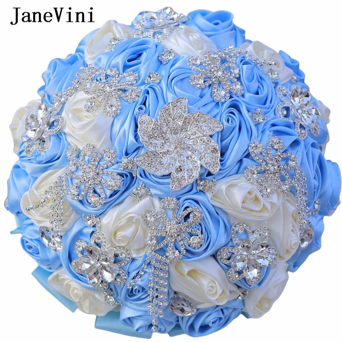 

JaneVini Sparkly Silver Jewelry Crystal Wedding Bouquets Bride Flower Sky Blue Rhinestone Handmade Roses Bridal Bouquet De Fleur