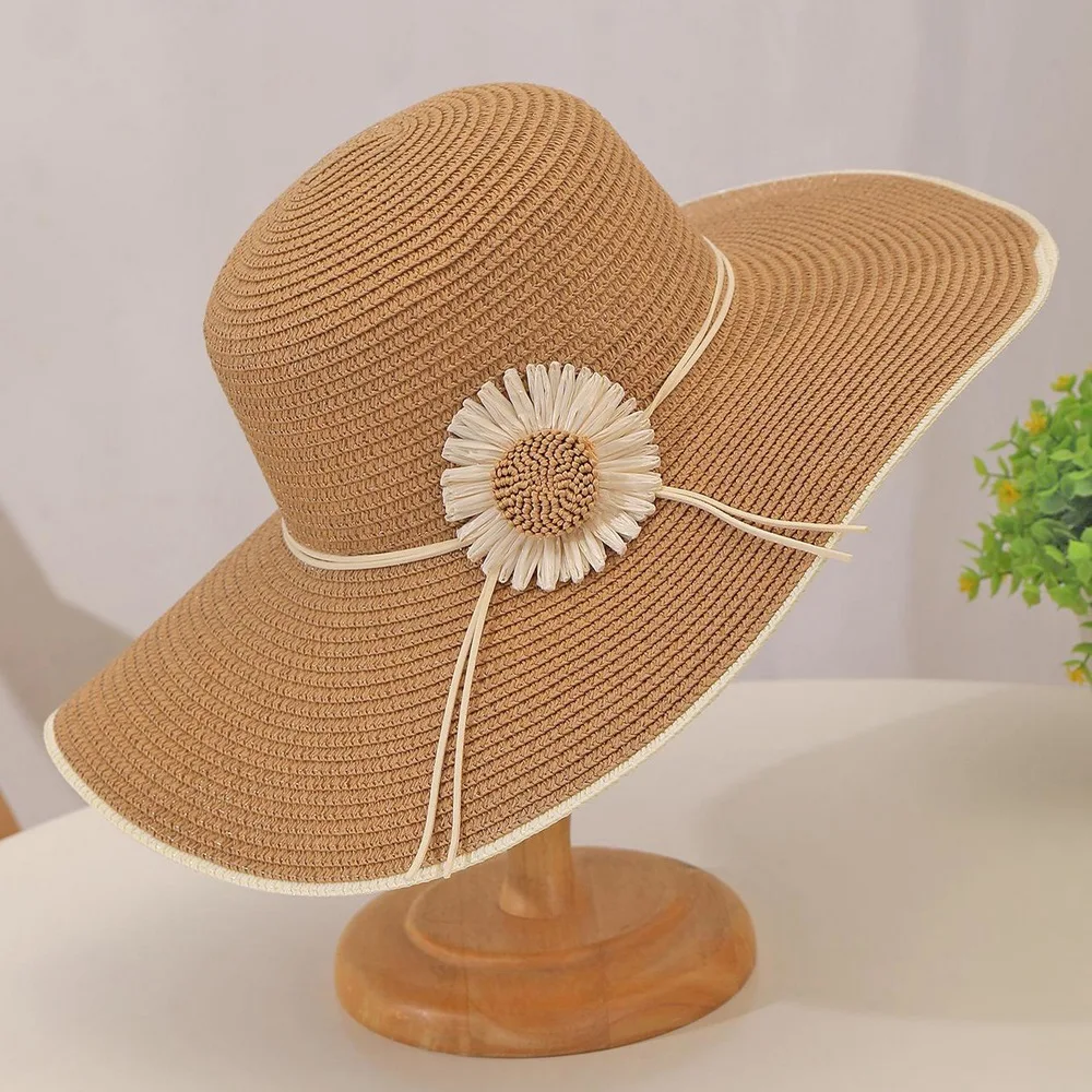 

Spring And Summer Woman Straw Hats 54-58cm Large Brim Foldable Chrysanthemum Decoration Beach Sunshade Sun Cap TY0224