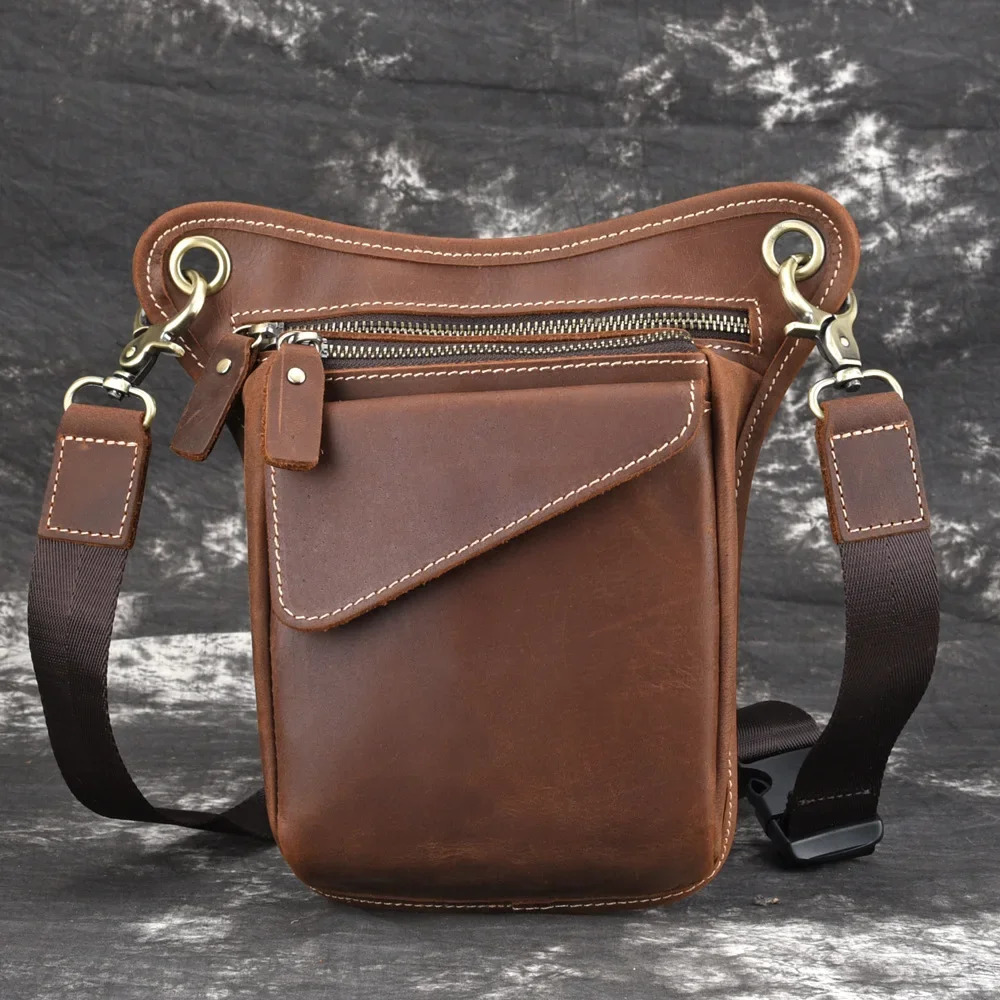 

Men Fanny Waist Pack Drop Leg Bag Crazy Horse Cowhide Motorcycle Rider Geunine Leather Male Cross Body Shoulder Hip Bum Belt Bag