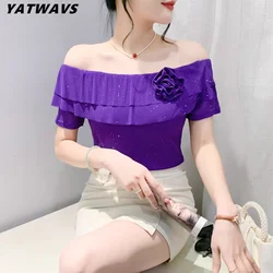 New Summer European Clothes Women’s T-shirt Sexy Off Shoulder 3D Flower Tops 2024 Fashion Female Short Sleeve Shiny Tees Blusas