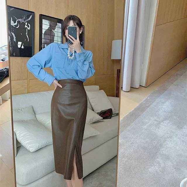 

2023 Small Leather Skirt Women's High Waist Split Skirt a Skirt Korean Fashion Skirts Clothes for Women