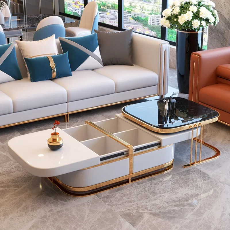 Una mesa central para la sala de estar, muebles, soporte de TV de lujo, juego de mesa de centro de madera con tapa de mármol antiguo