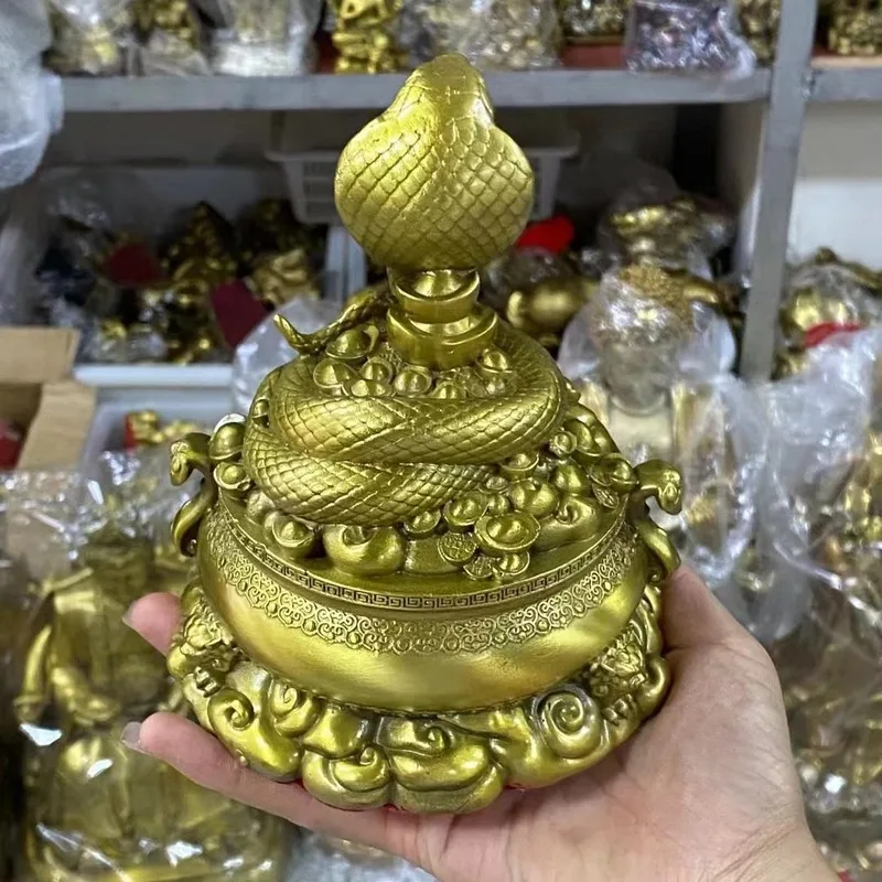 Brass snake ornament, symbolizing wealth and prosperity, zodiac snake, treasure bowl, golden and jade-filled home decor