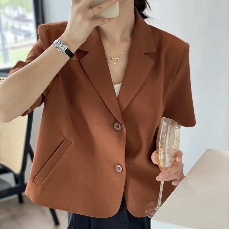 Kurzarm Blazer Frauen Sommer dünne koreanische Stil Mode Freizeit abgeschnitten solide All-Match-Büro Frau lose elegante schicke rer