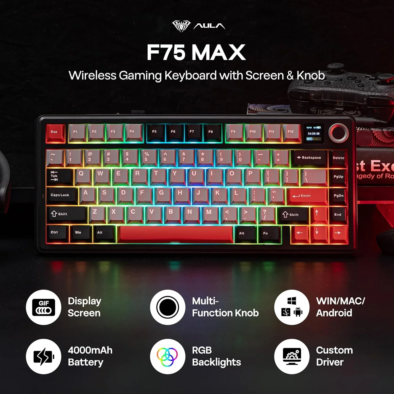 Aula F75 MAX Wireless Gaming Keyboard with Screen & Knob 75% Hot Swappable Mechanical Keyboard with Creamy Gasket RGB Backlits