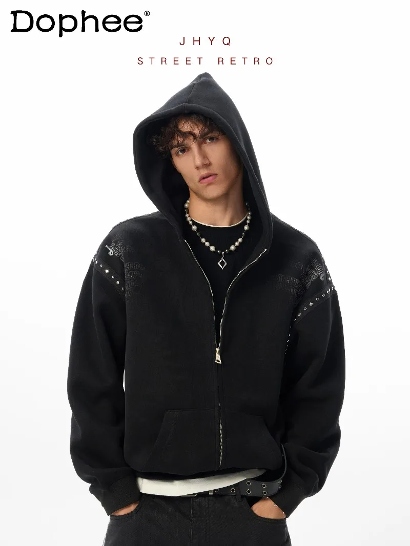 خريف جديد الأمريكية شارع العليا موضة الاتجاه الثقيلة برشام مقنعين سترة البلوز فضفاضة عادية تنوعا سترة للرجال