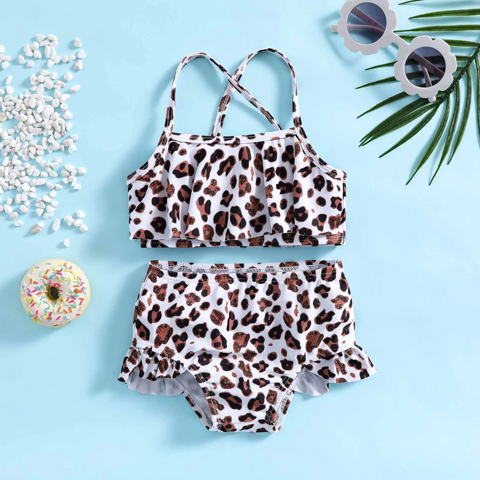 Baby two piece swimsuit with white base leopard print,ruffle camisole design,suitable for seaside and pool play