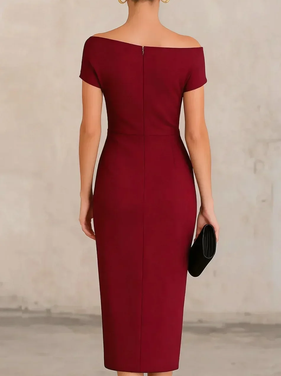 Damen Off-Shoulder Midi-Bleistiftkleid mit gedrehter Taille, Wickelrock und Schlitz am Saum, elegantes Business- und Abendkleid – Detail 10