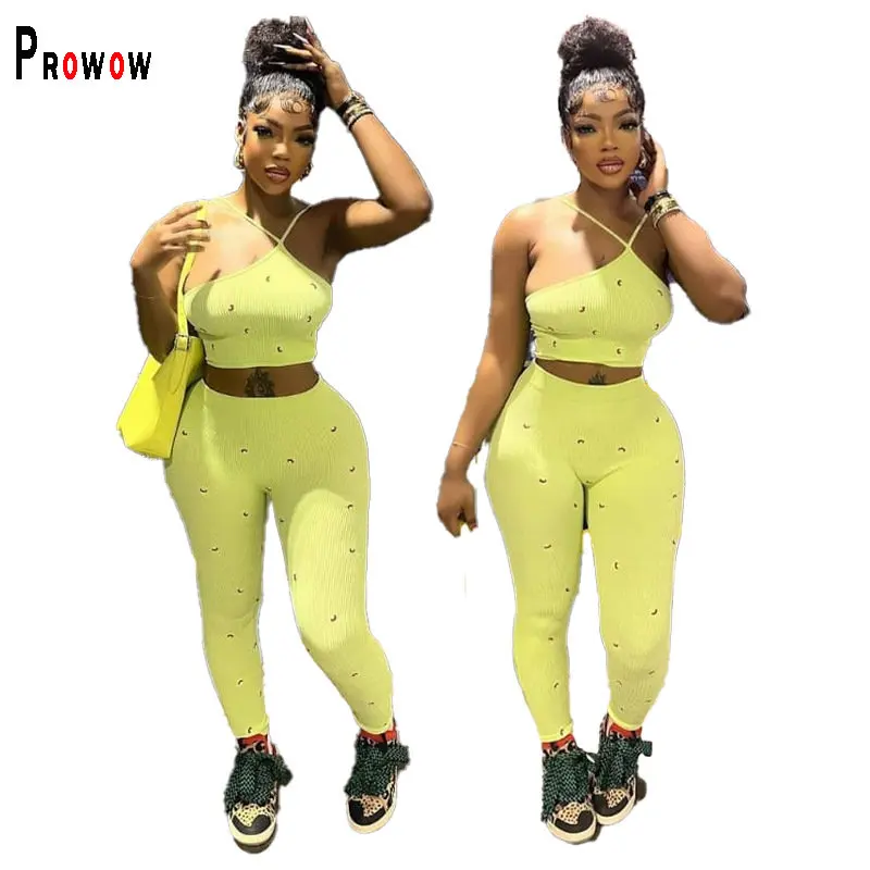 Prowow Women Fitness Yoga Outfits Halter Cropped Tops Pant Two Piece Moon Print Yellow Tracksuits Summer Fall Female Sport Suits