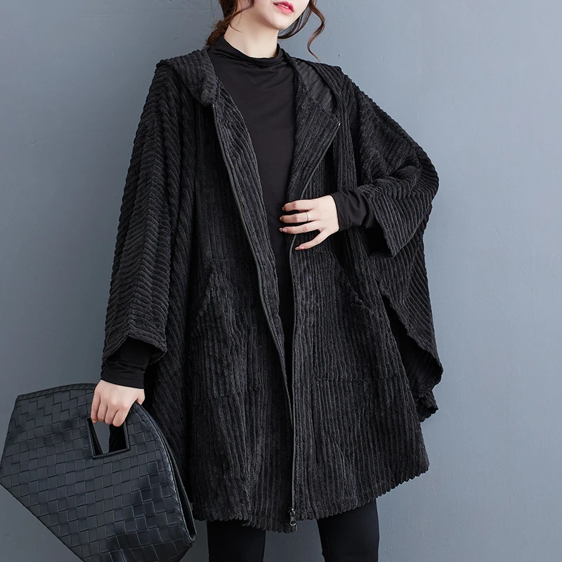 #4078 Autumn Winter Black Hooded Corduroy Ponchos And Capes Women Zipper Loose Batwing Sleeve Asymmetrical Coat Loose Outerwear