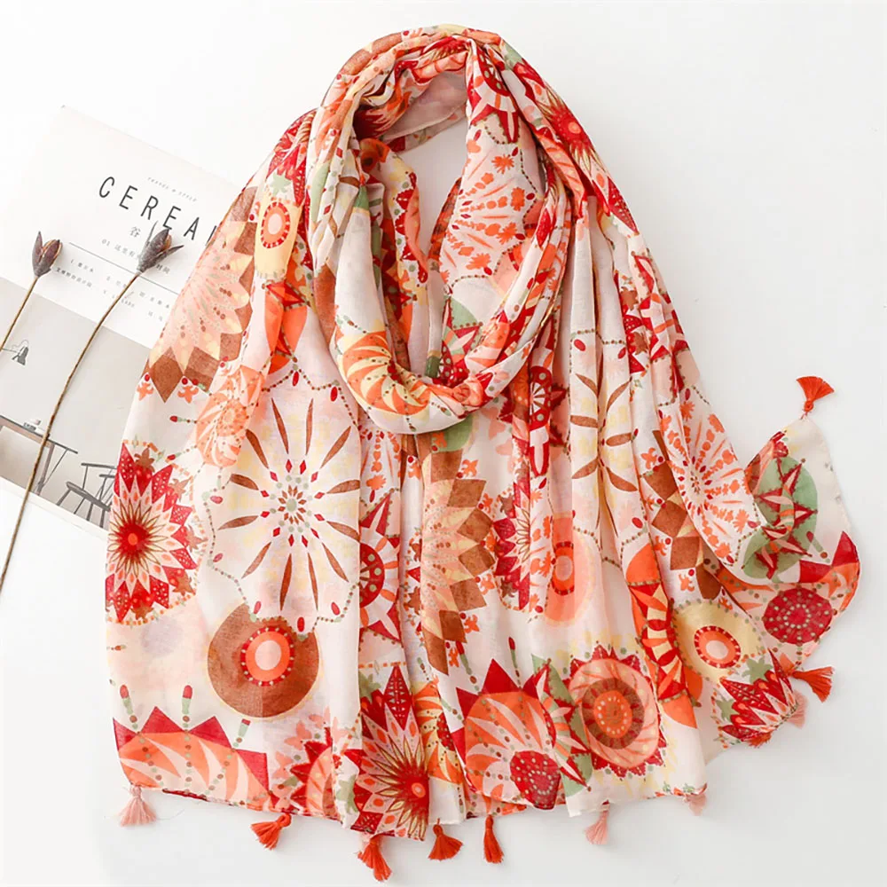 

2024 New Spring Circle Flower Print Tassel Scarf Shawls Long Floral Pattern Scarves Hijab Wrap Foulard Free Shipping