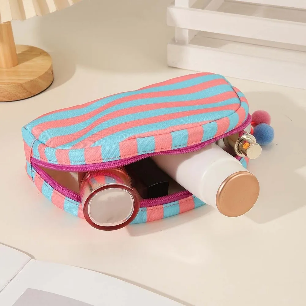 Durable Striped Cosmetic Bag Contrast Color Pom-pom Tassel Shell Shape Pouch Multipurpose Storage Washable Fabric