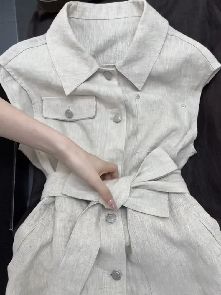 Zomer Vrouwtjes Casual Kraag Vesten Single Breasted Mode Riem Mouwloos Zakwerk Dame Dagelijks Dunne Tops 2023 Nieuw