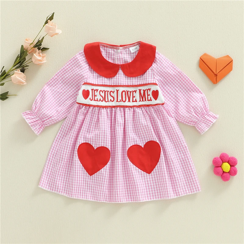 Toddler Girls Valentines Day Dress Newborn Baby Kids Girl Long Sleeve Dress Doll Collar Heart Embroidery Letters Fall Dress