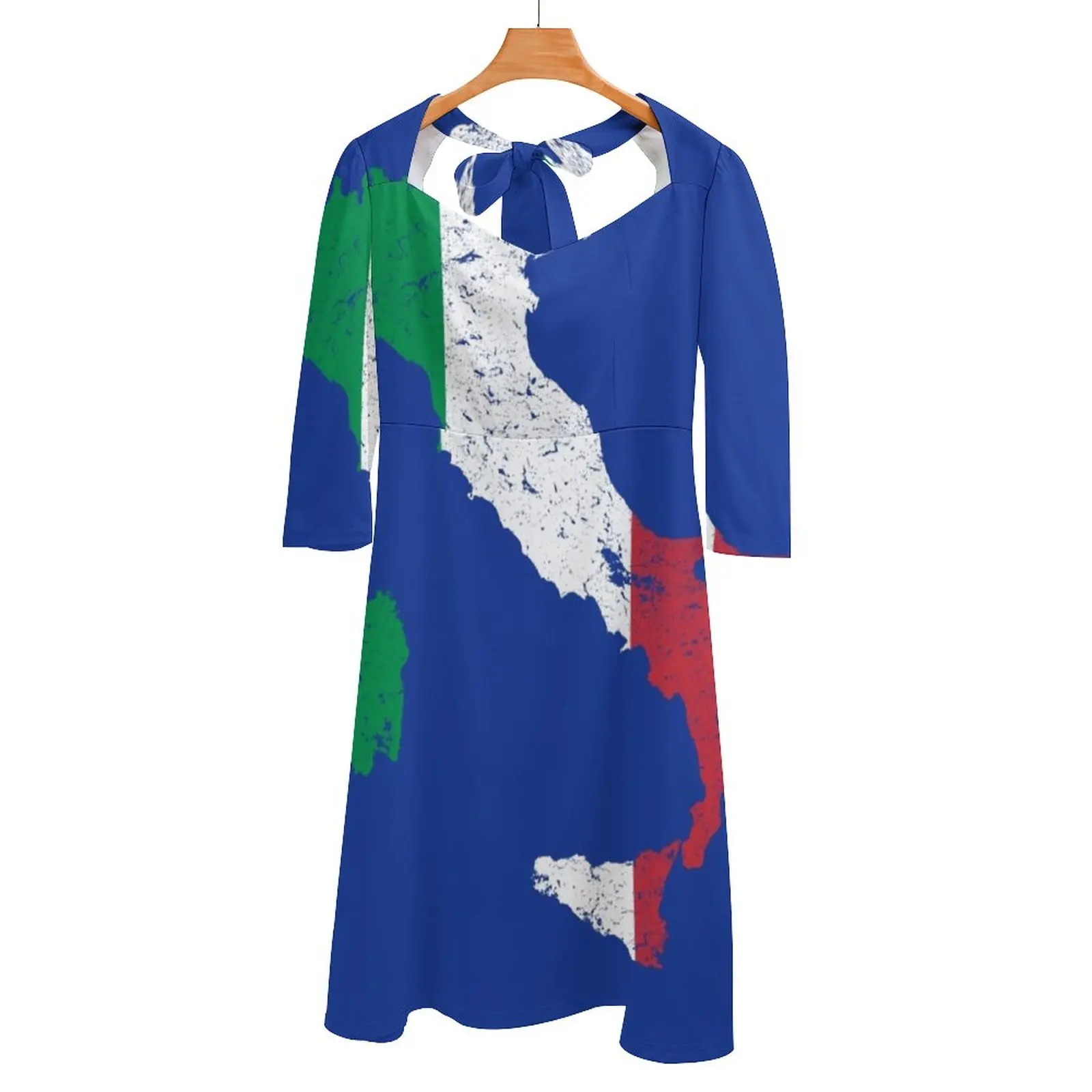 Italy Map Flag Back Lacing Backless Dress Square Neck Dress Sweetheart Knot Flared Dress Italy Map Flag With Stroke And Emblem