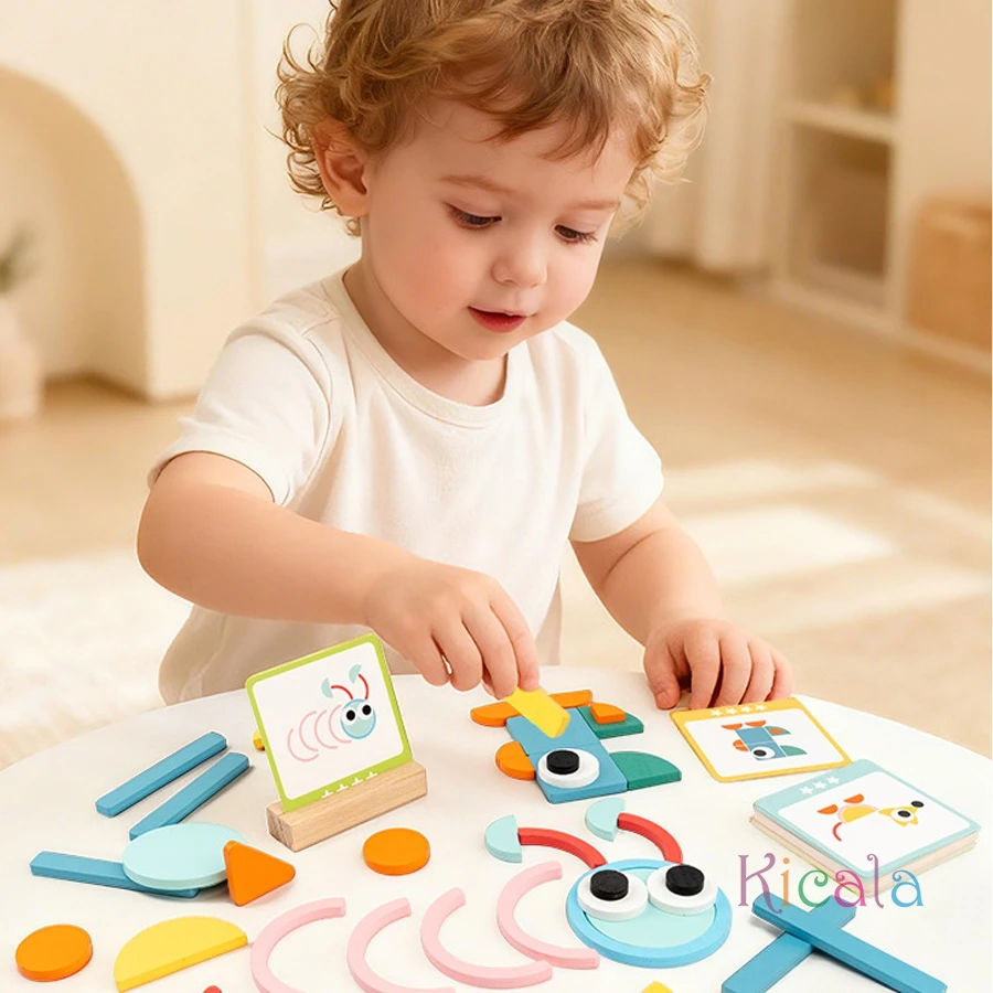 ألعاب مونتيسوري لعبة تعلم كتل خشبية هندسية مجموعة بازل قطع مرحلة ما قبل المدرسة للأطفال لعبة تعليمية إبداعية