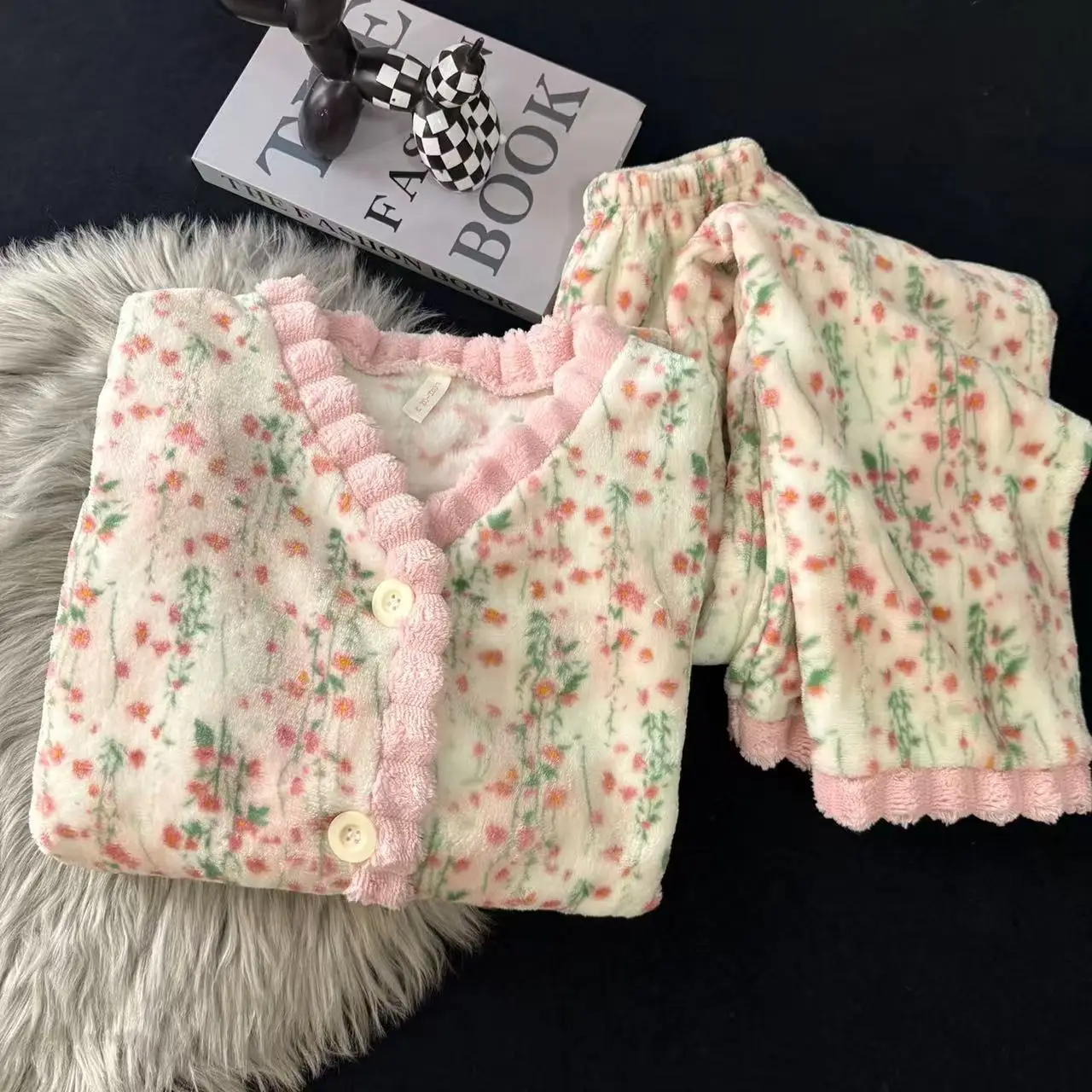 Coral Fleece Pajamas Women Autumn Winter Print Thickened Plush Sleepwear Cardigan Suit Warm Soft Homewear Long Sleeves Pajamas