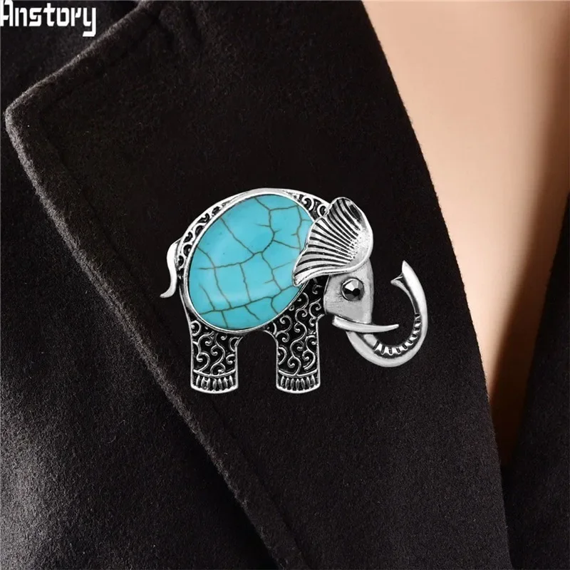 

Vintage Elephant Rhinestone Turquoises Brooches Antique Silver Plated Fashion Jewelry BR03