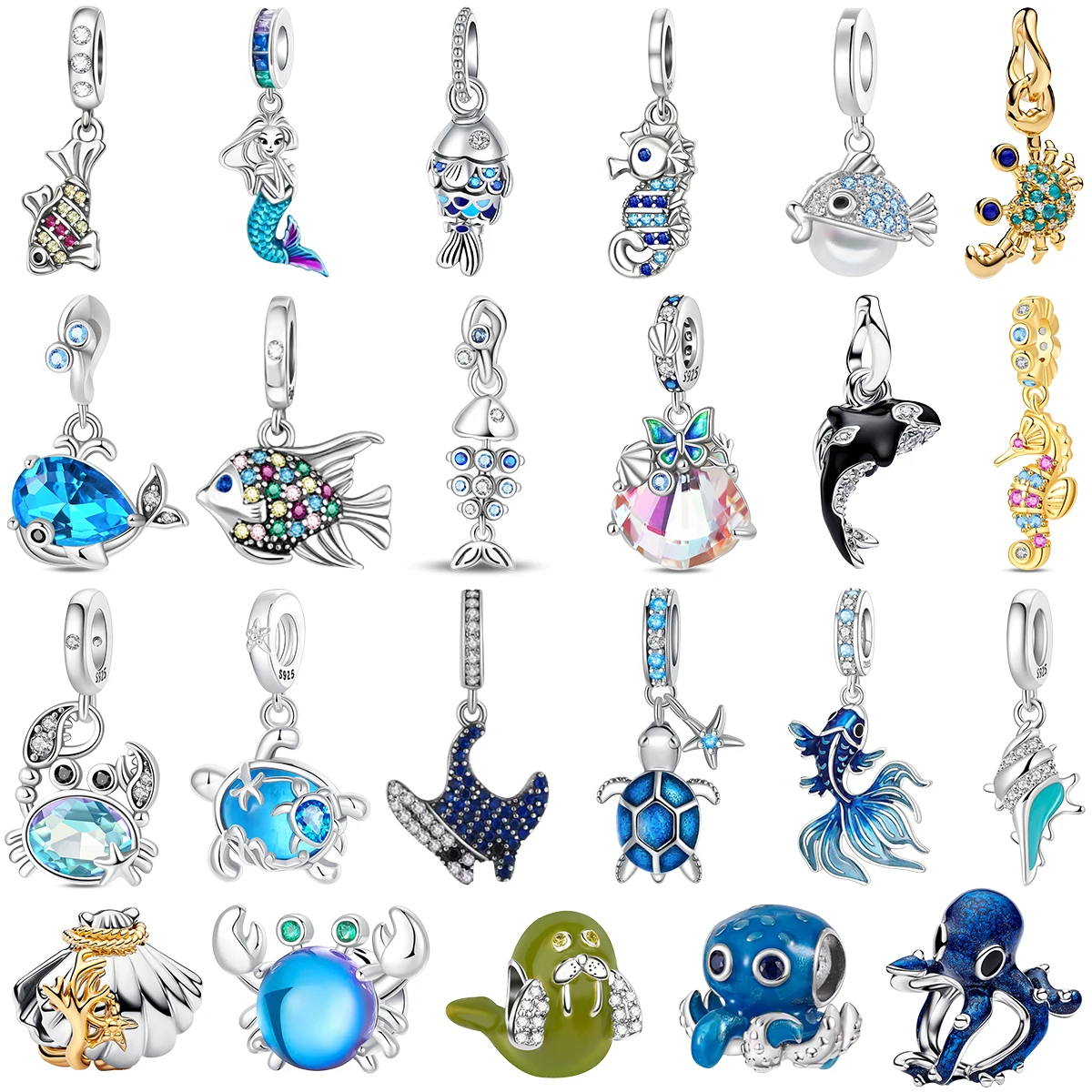 925 Sterling Silver Mermaid Seahorse Fish Turtle Octopus Whale Crab Shell Ocean Charm Pendent Bead Fit Bracelet DIY Jewelry Gift
