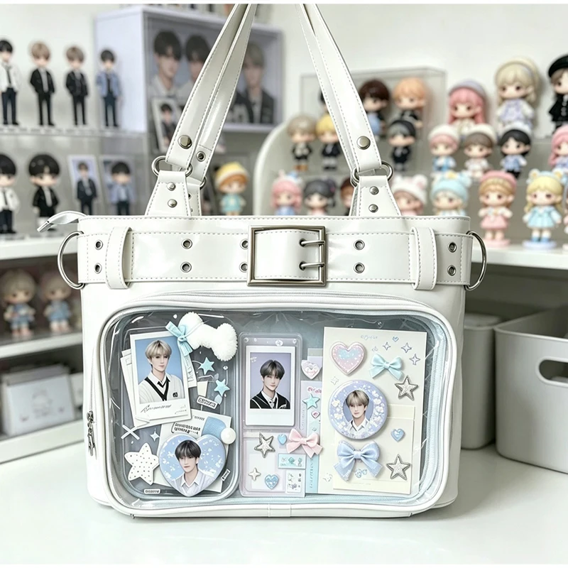 Fashion Rivet Decor Ita Bag Clear Window Shoulder Tote Bag Hidden Layer Crossbody Handbag Adjustable Wide Strap Casual Purse