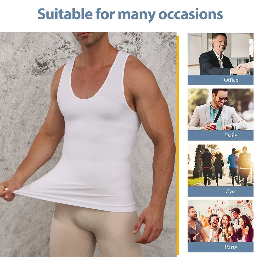 Men's Compression Vest Fitness Tummy Control Shaper Top Slim Fit Deep U Round Neck Breathable Underwear Weight Loss Shapewear