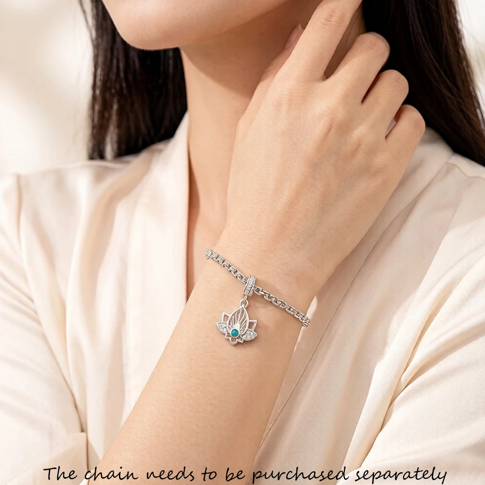 Trendy Buddhism Lotus Pendant Charm For Women Minimalist 925 Sterling Silver Turquoise Gift