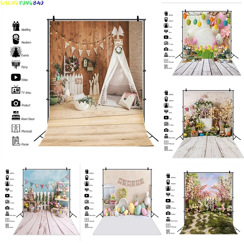 

Spring Easter Photography Backdrop Wood Floor Rabbit Eggs Green Grass Flower Newborn Baby Birthday Decor Photo Background Banner