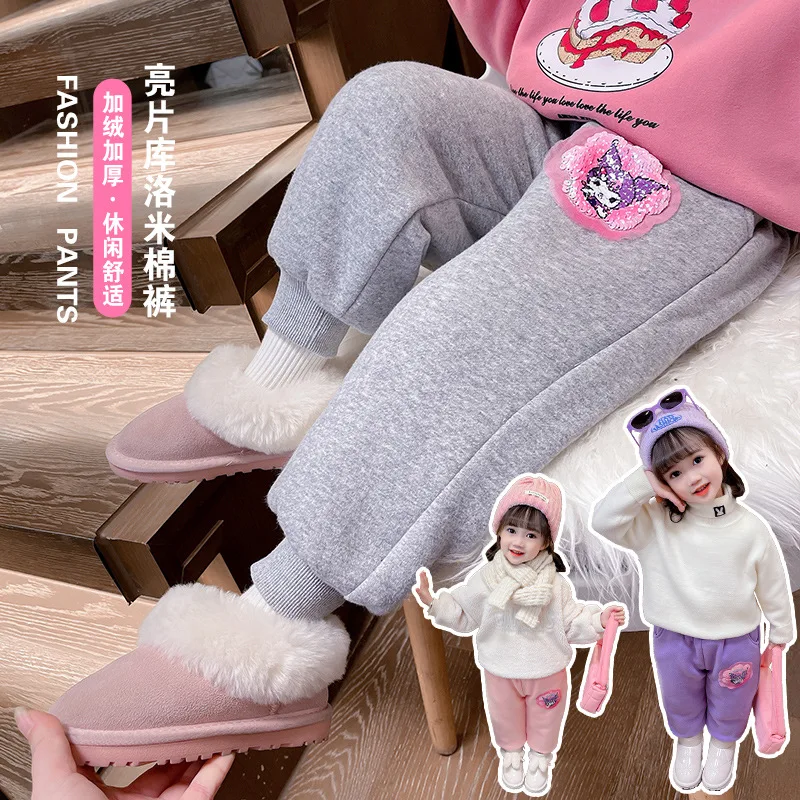 Girl Sanrios Cotton Pants Kuromi Winter Anime New Plus Velvet Sequins Child Clothing Kawaii Cartoon Wear Outside Sweatpants