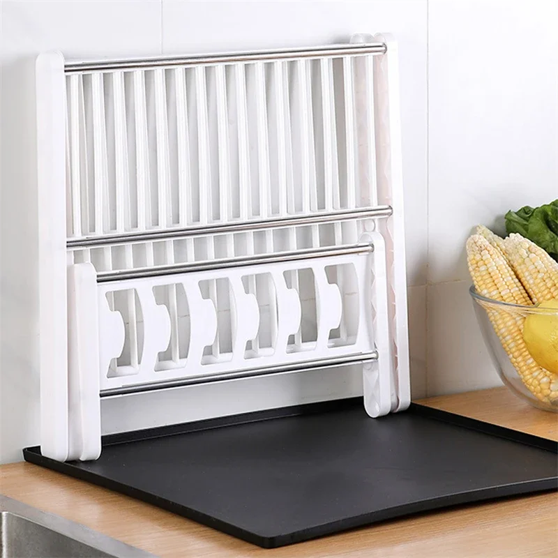 Dish Drying Rack Plates Pan Fold Shelf Double-Layer Plastic Kitchen Organizer Holder Dish Rack Sink Draining Bowl Storage Stand view 2