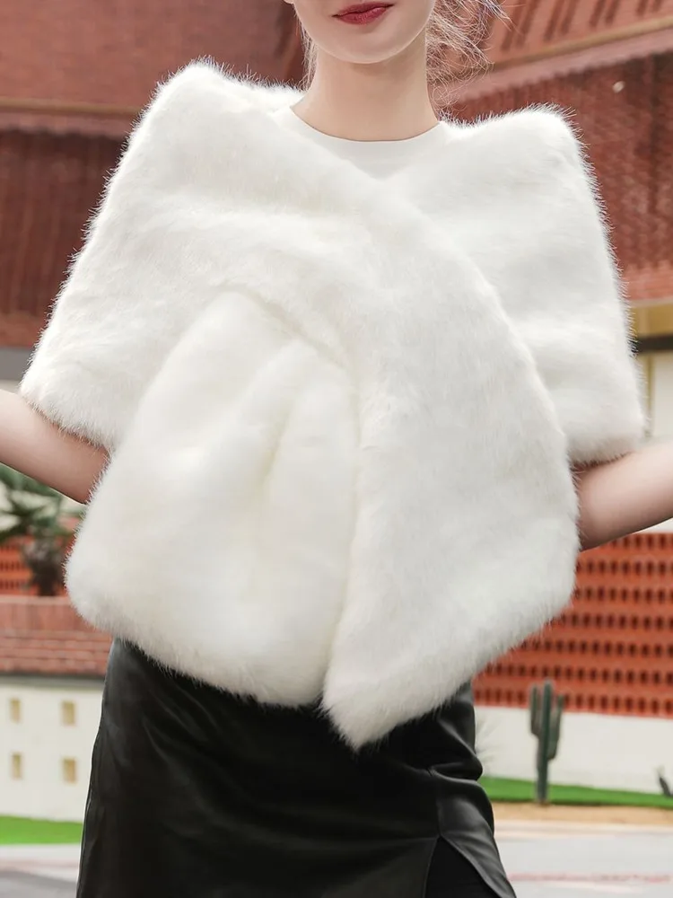 ZMEENNA Damen-Schal mit weißer Kreuzschleife, Kunstpelz, elegant, Winter-Plüsch-Capelet-Achselzucken für Abendpartys, warm ZM3732