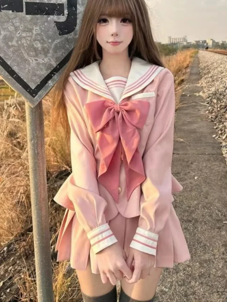 

Spring Sweet Lolita Women Outfits Sailor Collar Bow Elegant Pleated Skirt Suit Female Kawaii Pink School Uniform 2 Piece Set