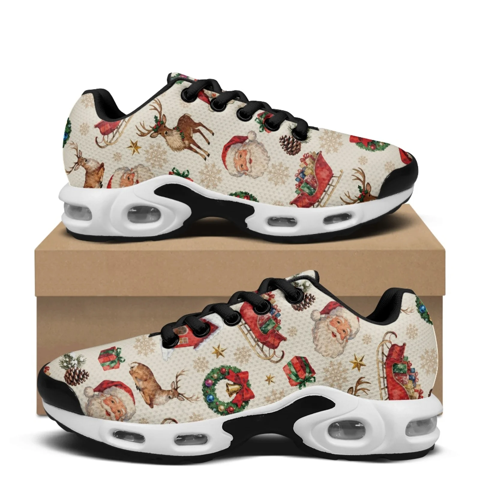 PENSTROLL Christmas Air Running Shoes Featuring Santa Reindeer Pattern, Mesh Shock Absorption Sneakers for Walking and Athletic