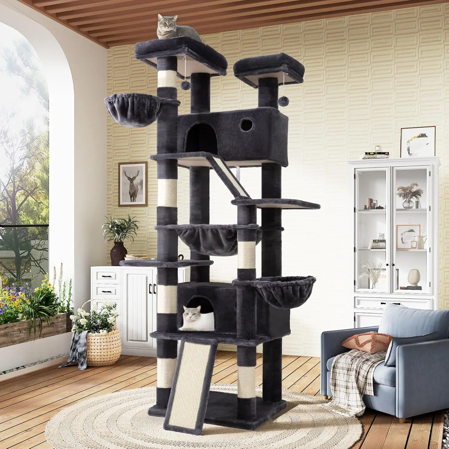 81in Multi-Level Tall Cat Tree Tower for Indoor Kitties/Larger Cat Condo Furniture with Hammock/Cozy Pussycat Perches/Sisal