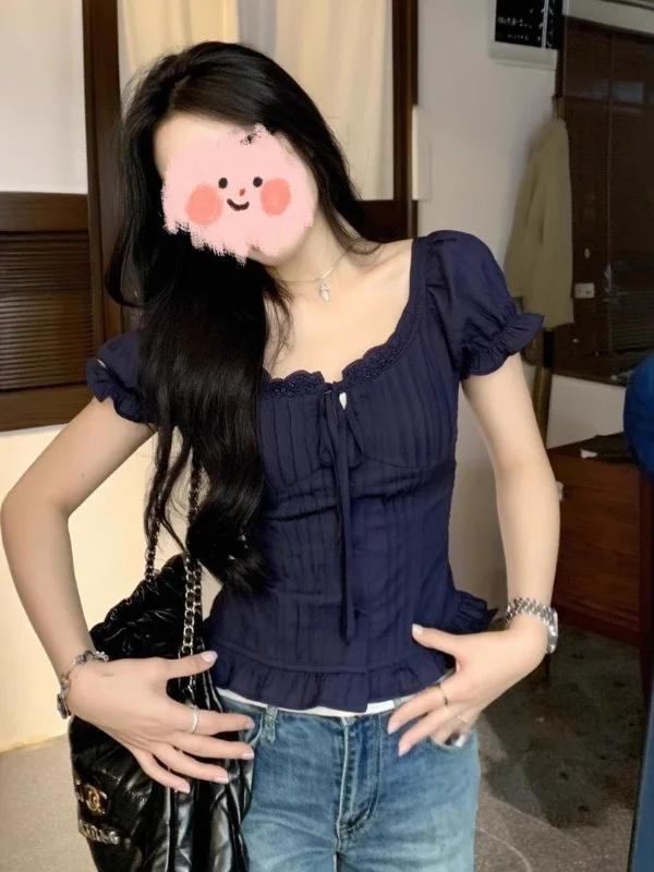 

Летний приталенный винтажный милый уникальный антивозрастной топ большого размера с кружевной отделкой Bubble Sve irt, модная корейская версия для поездок на работу