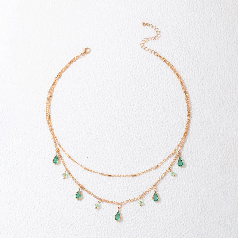 Retro Green Waterdrop Shaped Rhinestone Tassel Double Layer Necklaces For Women