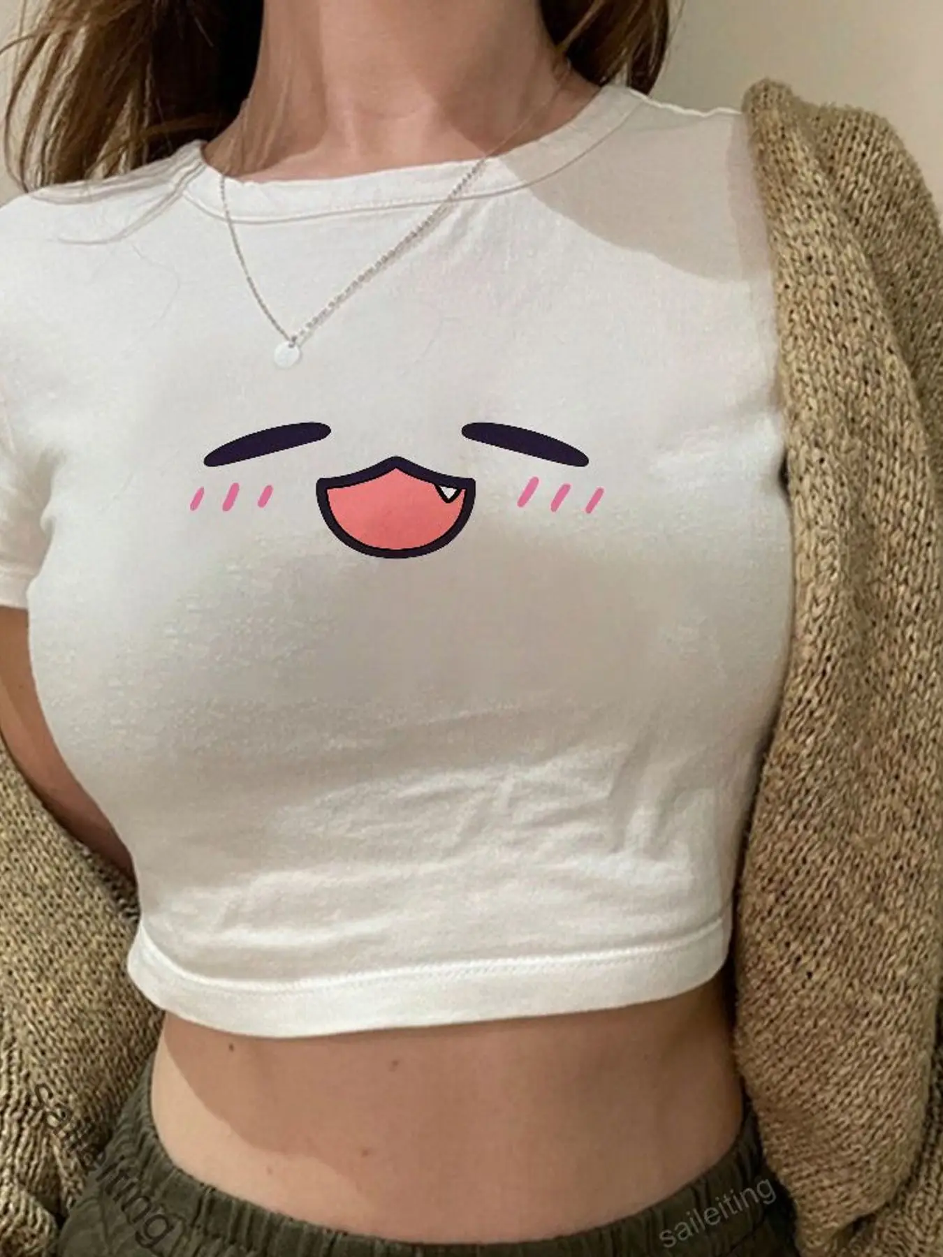 Cute Cartoon Face Print Crop Top - White Short Sleeve Summer Tee with Tongue Out Design, Soft Cotton Casual Shirt for Women,