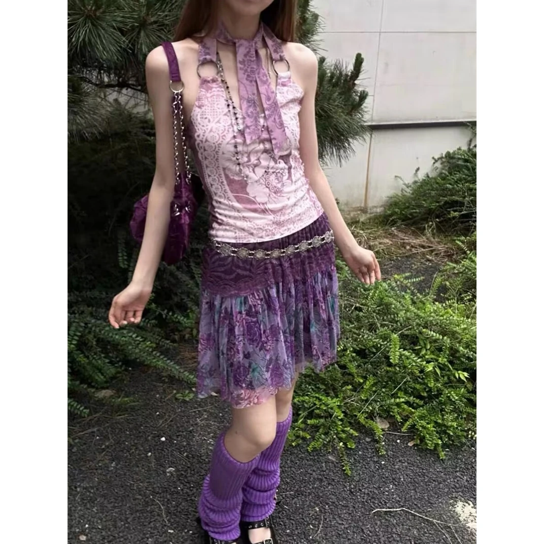 Genayooa Gothic Print Halter Tops Sleeveless Lace Up Crop Tops Y2k Vintage Tank Tops 2000s Japanese Fairycore Streetwear Summer