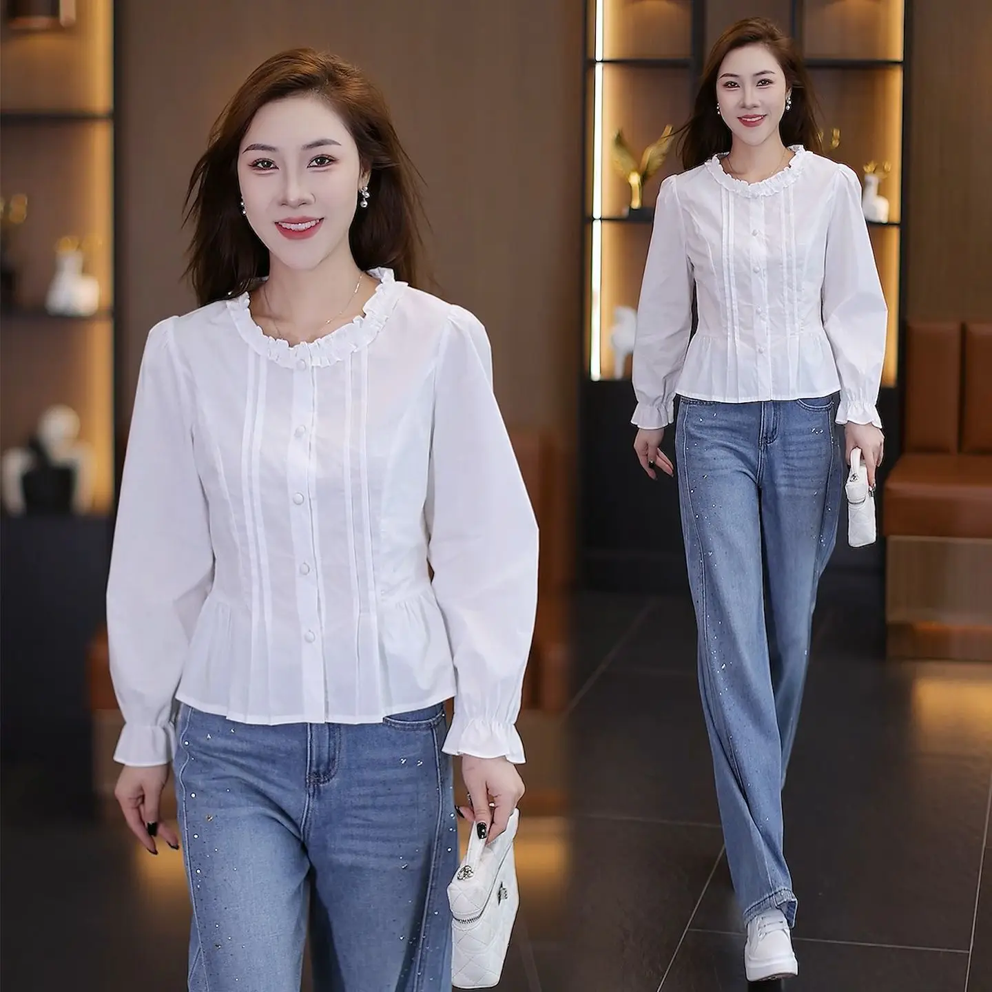 

Faionable Casual Long Sve Women's irt Spring Autumn Loose round Ne ort Sle Polyester Fiber Wood ain