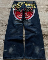 2025 Street Fashion Trend Retro Embroidered Jeans Harajuku Y2K New Hip Hop Devil Straight Leg Wide Leg Pants Couple Casual Jeans