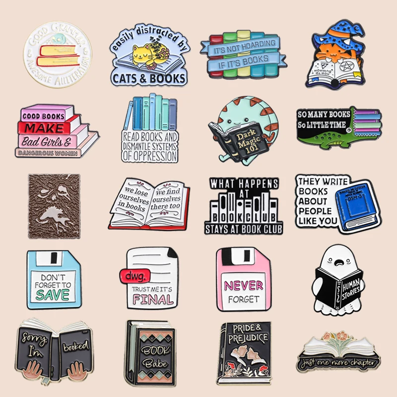 Cute Bookworm Club Enamel Pin Ghosts Cat Love Reading Books Bookshelf Cartoon Badges Punk Clothing Lapel Brooch Jewelry Gift New