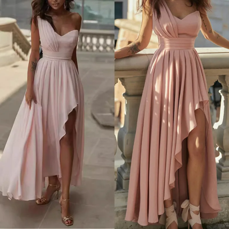 

Elegant High Slit Bridesmaid Dress Women V Neck Asymmetrical Hem Pleated Maxi Gown For Formal Evening Party Graduation Gala New