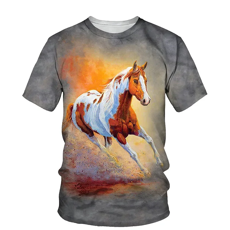 New Handsome Horse Graphic T-shirt Summer Animal Print Personality Hip Hop Men's Women's Children's Tops Breathable Lightweight