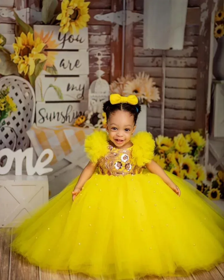 Yellow Pearls Flower Girl Dresses Customized  Sequined Kids Birthday Gowns Photos Shoot for Party Wear