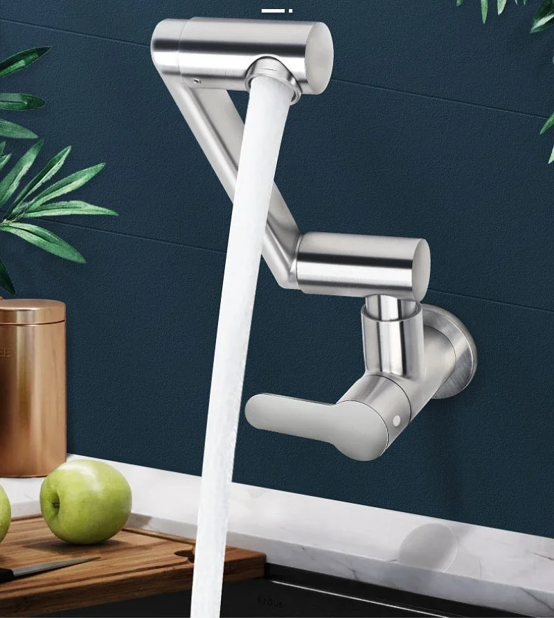 Wall Mounted Universal Folding Kitchen Faucet Retractable Single Cold Water Bibcock Basin Sink Balcony Laundry Tap 360 Rotation